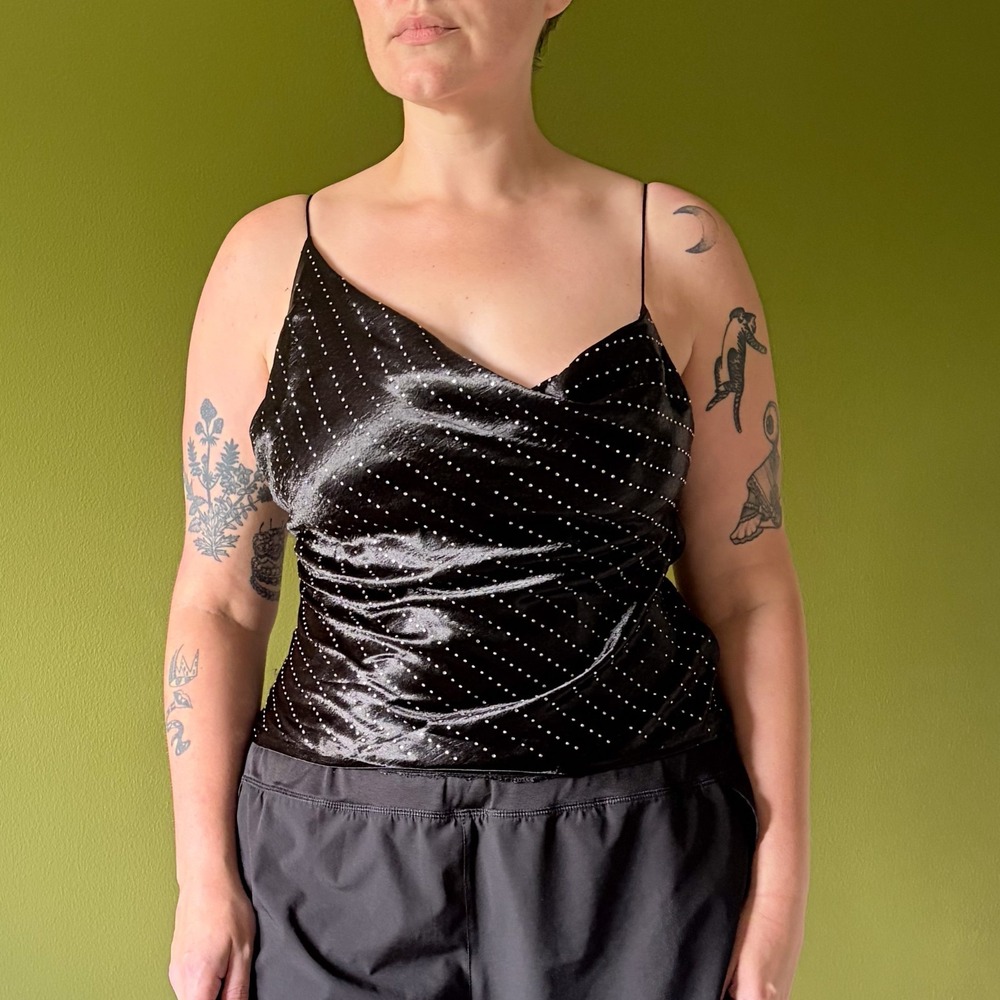 Sequin Shirt Black Top Slouch Neck Spaghetti Strap